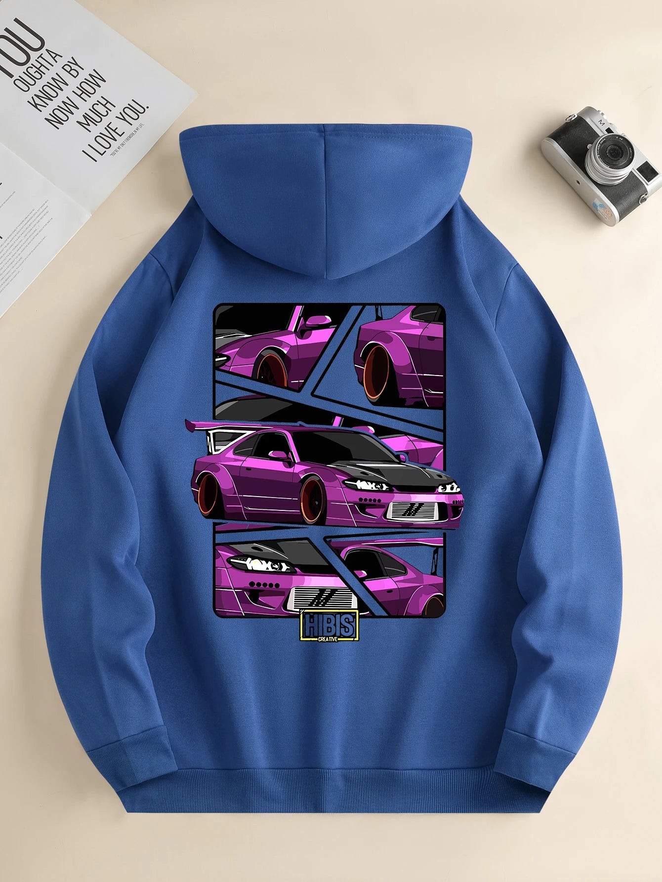 Men's new fashion hoodie, casual daily drawstring hooded sweatshirt car print, front kangaroo pocket, men's jacket