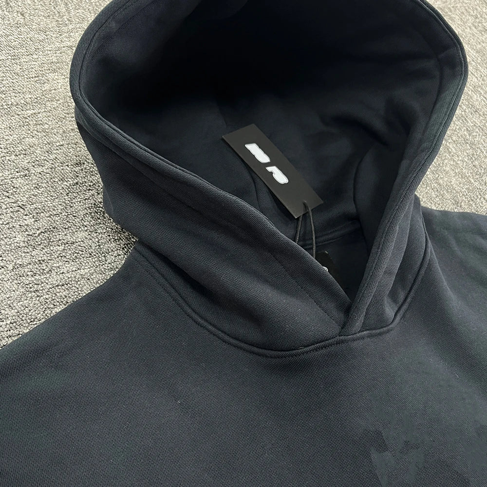 Black Cotton Embroidered Hoodie - Hip-Hop Street Jogging Pullover, Euro Trendy Casual Athleisure for Spring/Fall